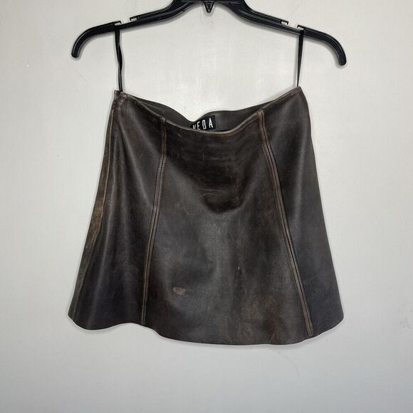 VEDA Leather Skirt Women 10 Brown Mini Distressed Side Zip Lined - Picture 3 of 11